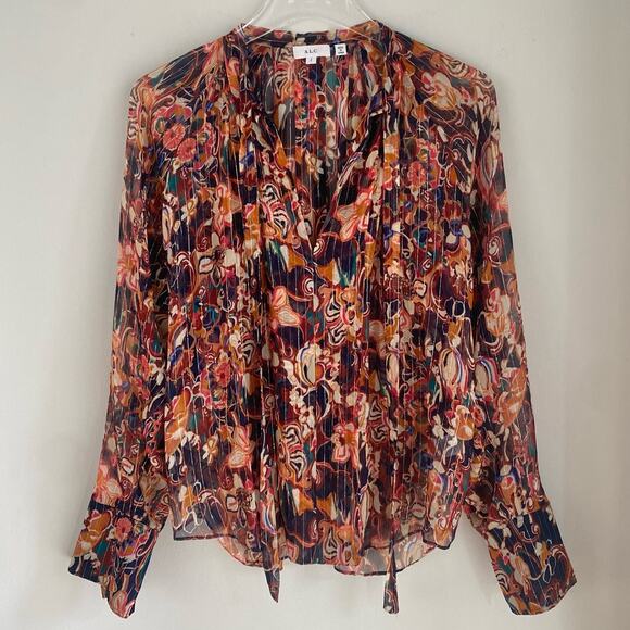 A.L.C. Frida Silk Top Semi Sheer Blouse Size 2 Port Wine Multi Billowy Flowy - Picture 3 of 10